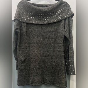 QUESTIONS Elegant Gray/Black METALLIC Sweater with Silver Studded Accents